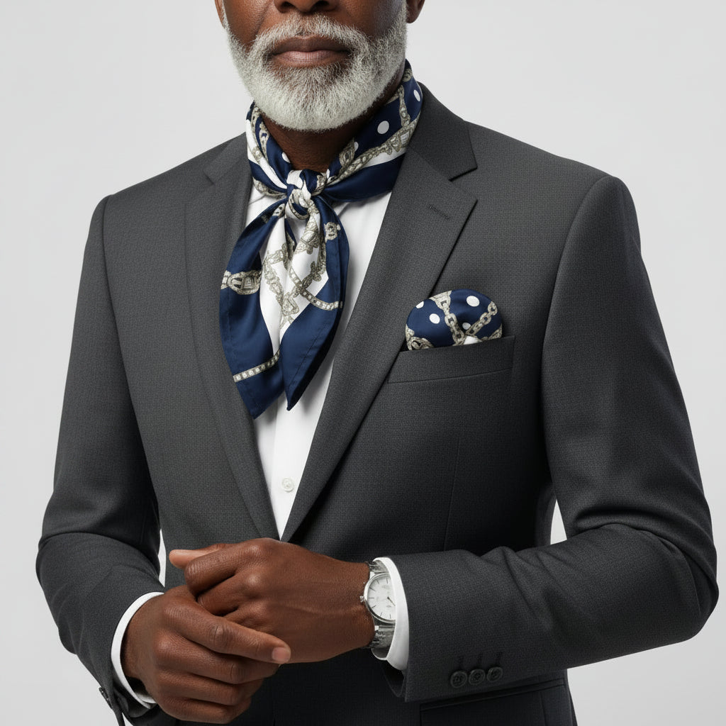 Neck bandana with navy, white dots, and gold chain lattice print, tied in a bow