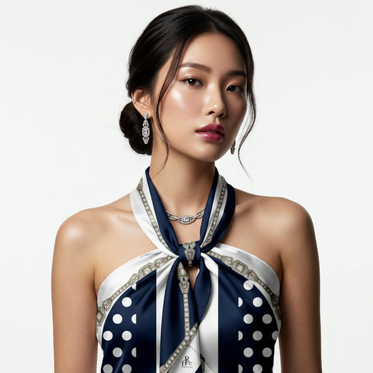 Luxury scarf is wrapped around stylishly as a top on Korean model with black silky hair. The scarf design featuring navy blue base, white polka dots and Vintage Rhinestone chain design grid print on a white background