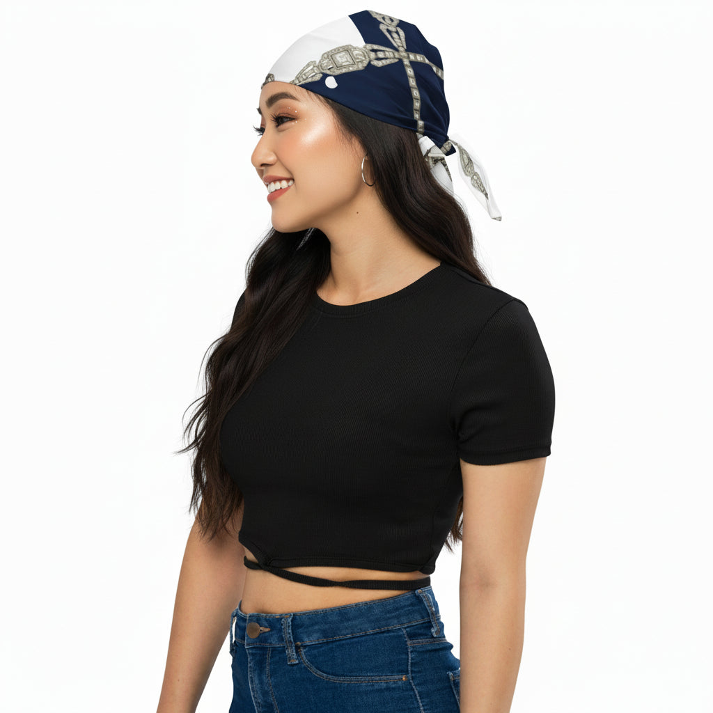 Navy bandana headscarf with white polka dots and gold lattice chain print