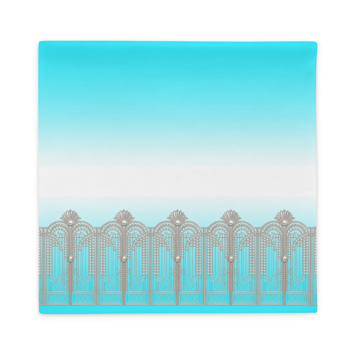 A square decorative print cushion cover, featuring a turquoise-to-white gradient background with a repeating silver Art Deco arch pattern along the bottom, shown on a white background.