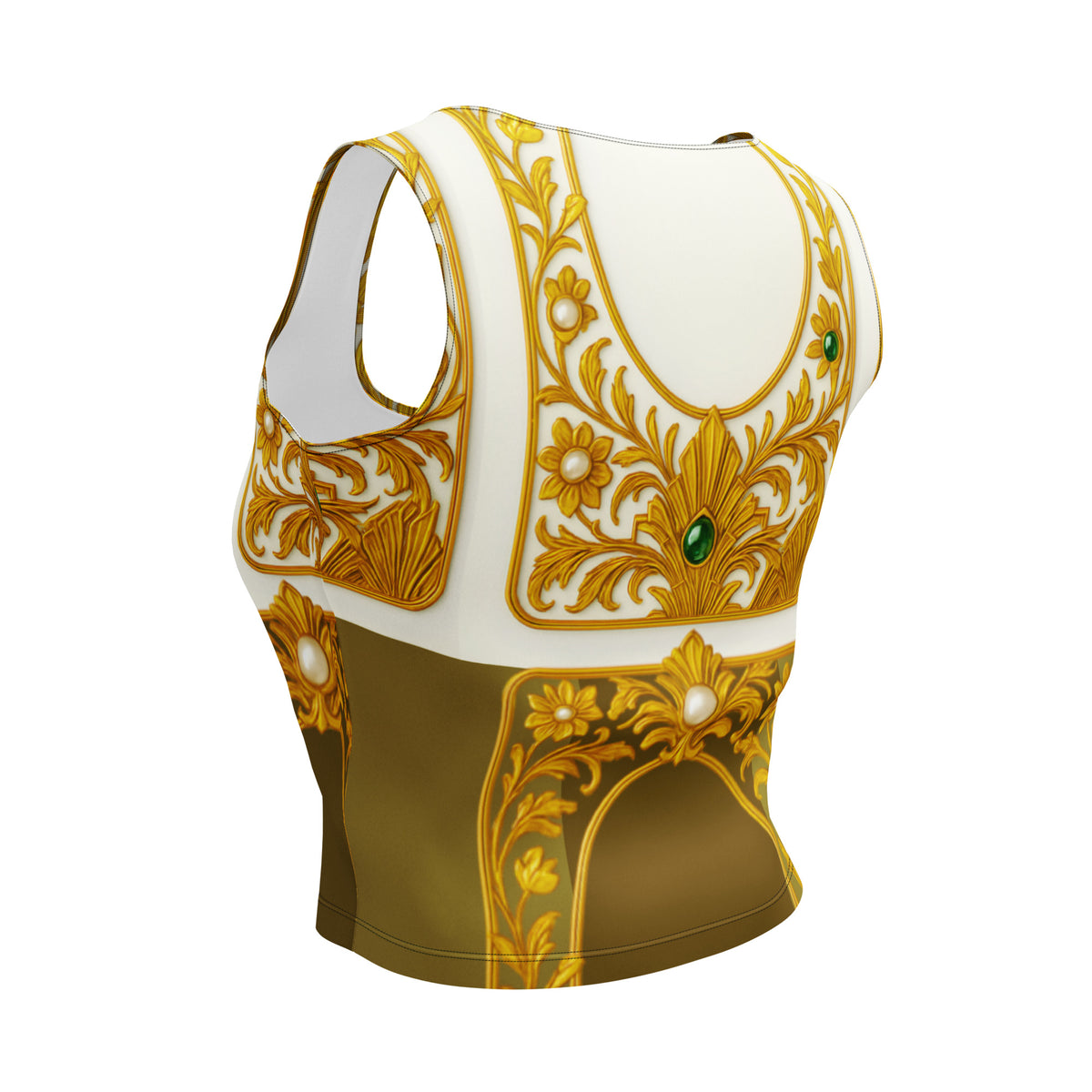 Olive and white sleeveless crop top with gold floral pattern, scoop neck