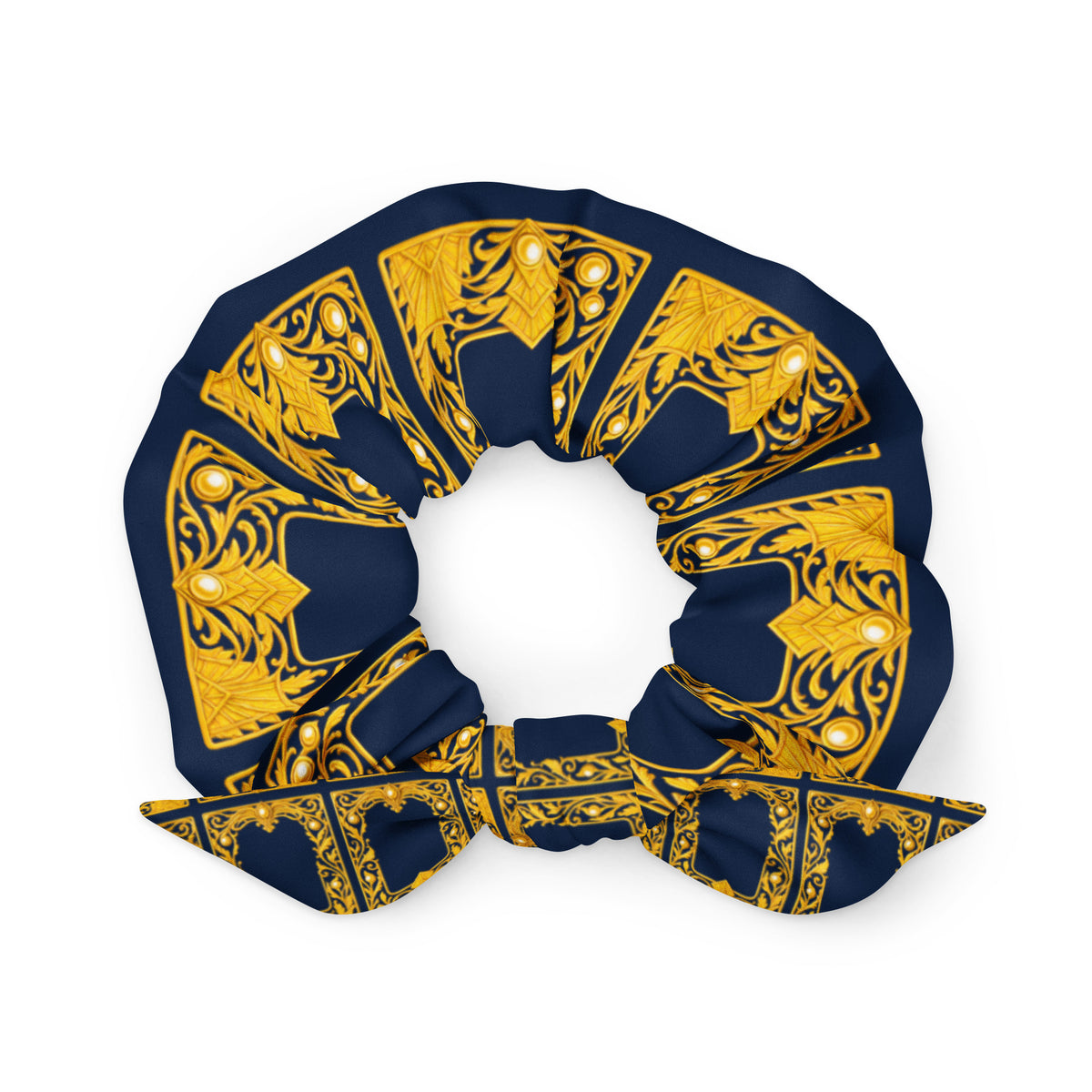 Navy scrunchie with gold ornate baroque print and long ruffled tail