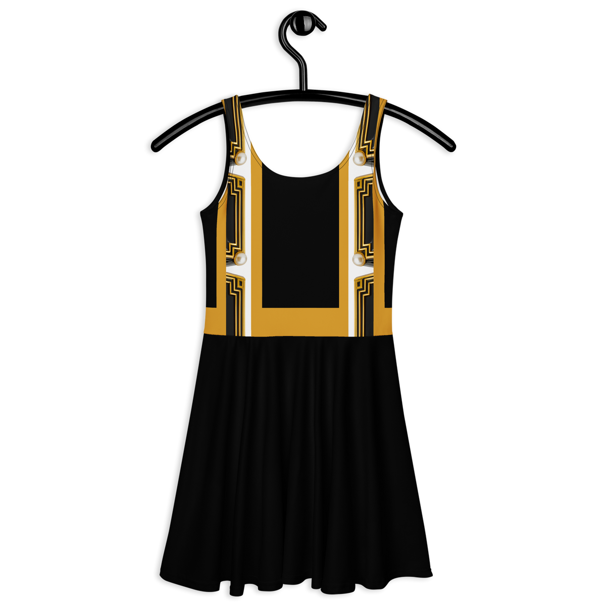 Hanging black skater dress on hanger with yellow/gold paneling and geometric center design