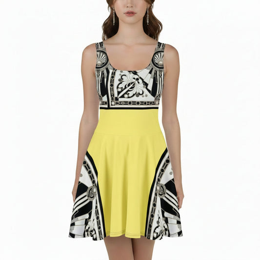 A woman modeling a sleeveless skater dress with a bright yellow short skirt and a black, white, and gray Art Deco medallion patterned bodice and side panels, shown against a plain white background.
