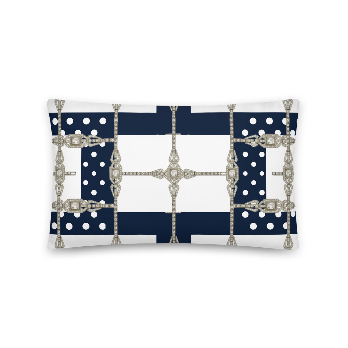 Reversible cushion cover, navy-and-white grid with gold chain links and dotted squares