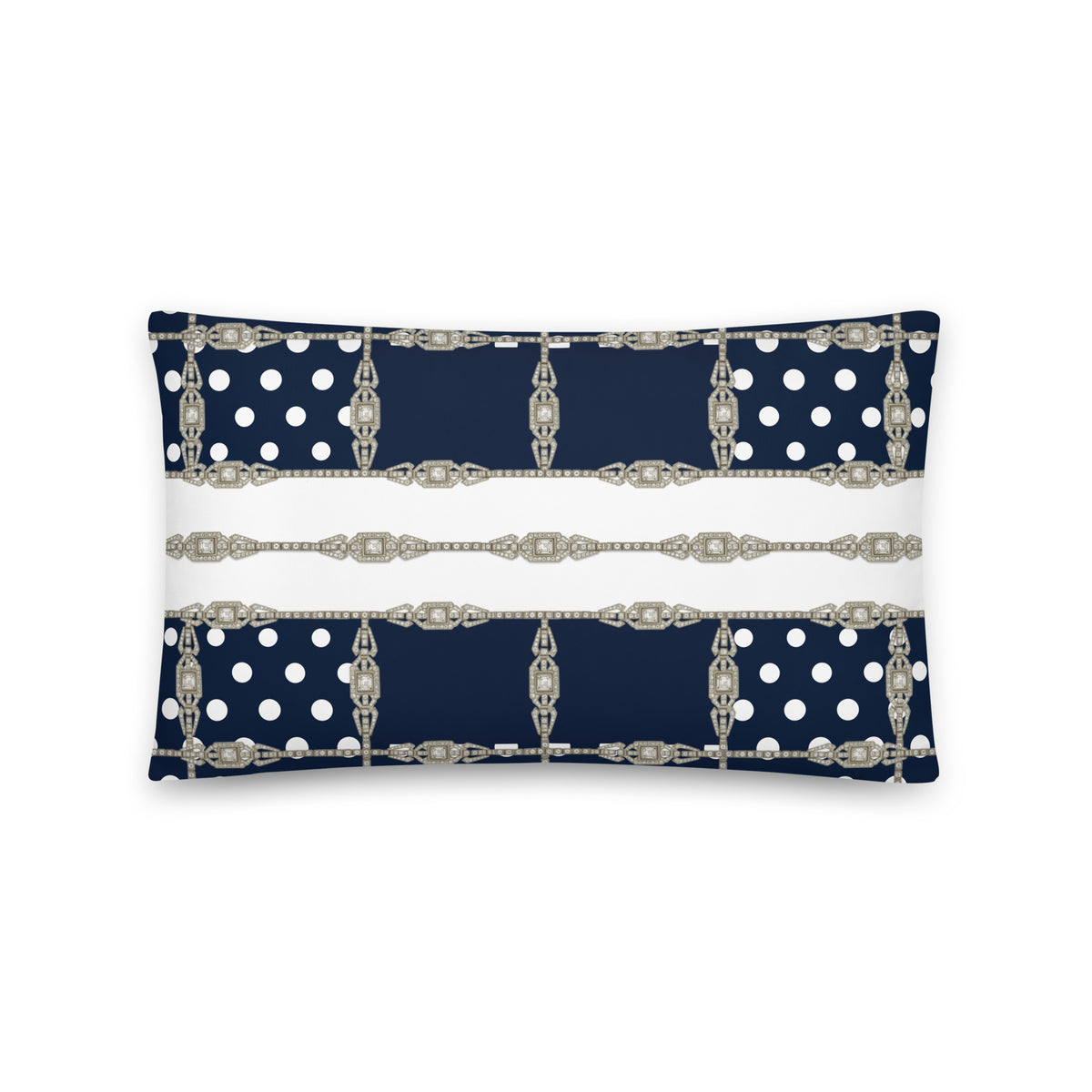 Art deco cushion cover with navy geometric lattice, gold chain and dot print