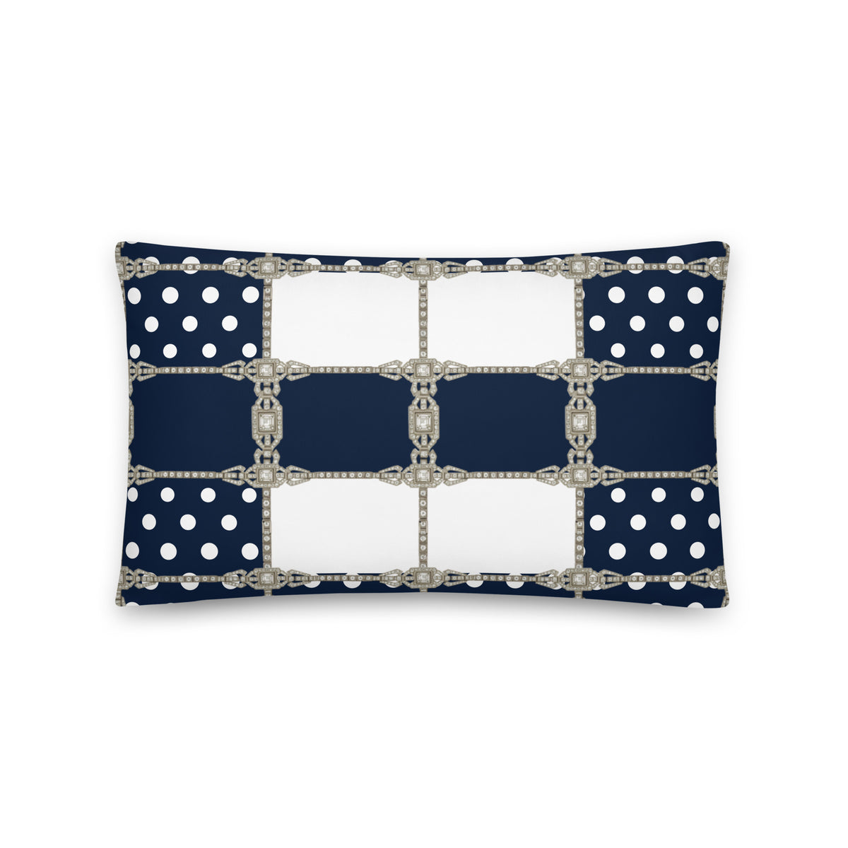 Navy and white polka-dot geometric cushion cover with grid and chain border