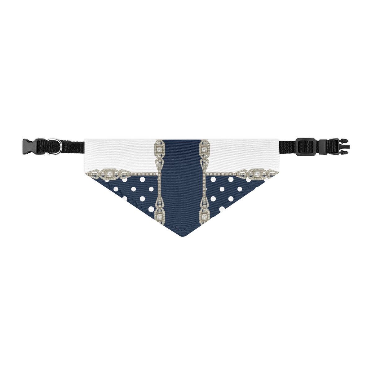 Blue polka-dot pet bandana collar with vertical rhinestone chain detail and black straps