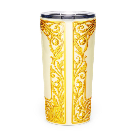 Yellow tapered stainless steel tumbler with ornate gold filigree and clear lid