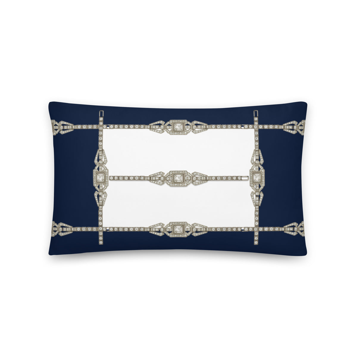 Decorative cushion cover in dark blue with silver art deco rhinestone window motif