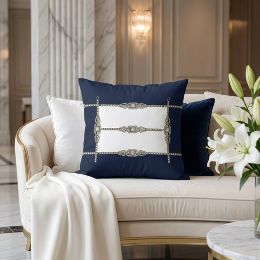 Decorative cushion cover, dark blue with silver art deco rhinestone grid design on a white base. Decorated in the sofa at a class hotel lobby.
