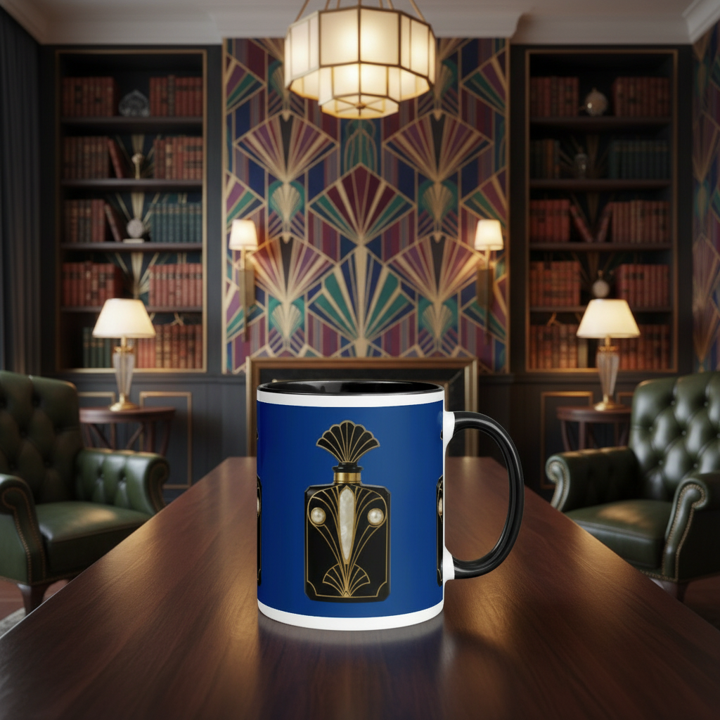Blue ceramic mug with black handle and rim, gold art deco perfume-bottle design