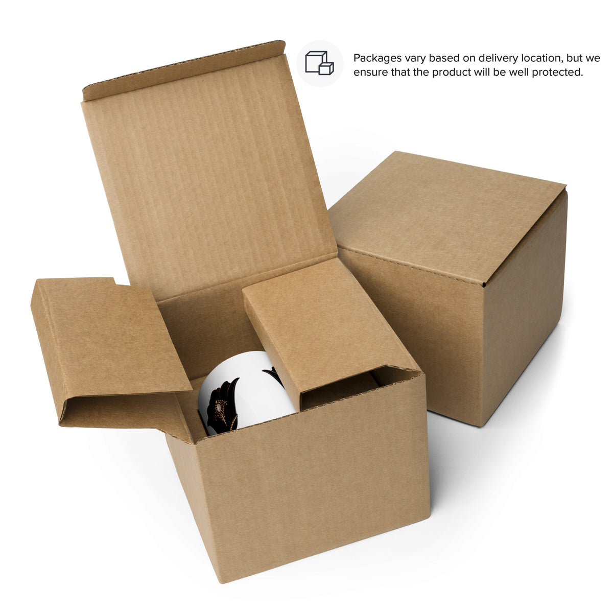 Cardboard shipping box packaging with a mug inside