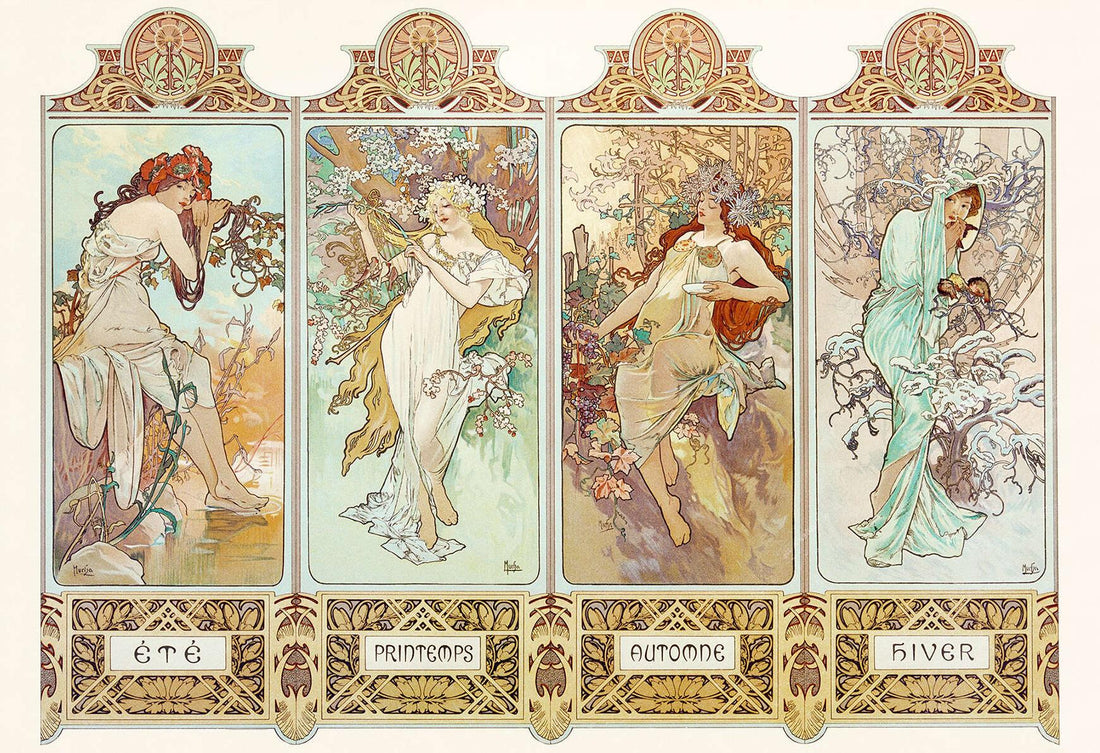 The 1896 edition of The Seasons (Les Saisons) is widely considered Alphonse Mucha's absolute masterpiece in the decorative 4 panel format. It represents the pure, definitive essence of Art Nouveau graphic art in delicate watercolor-like washes.