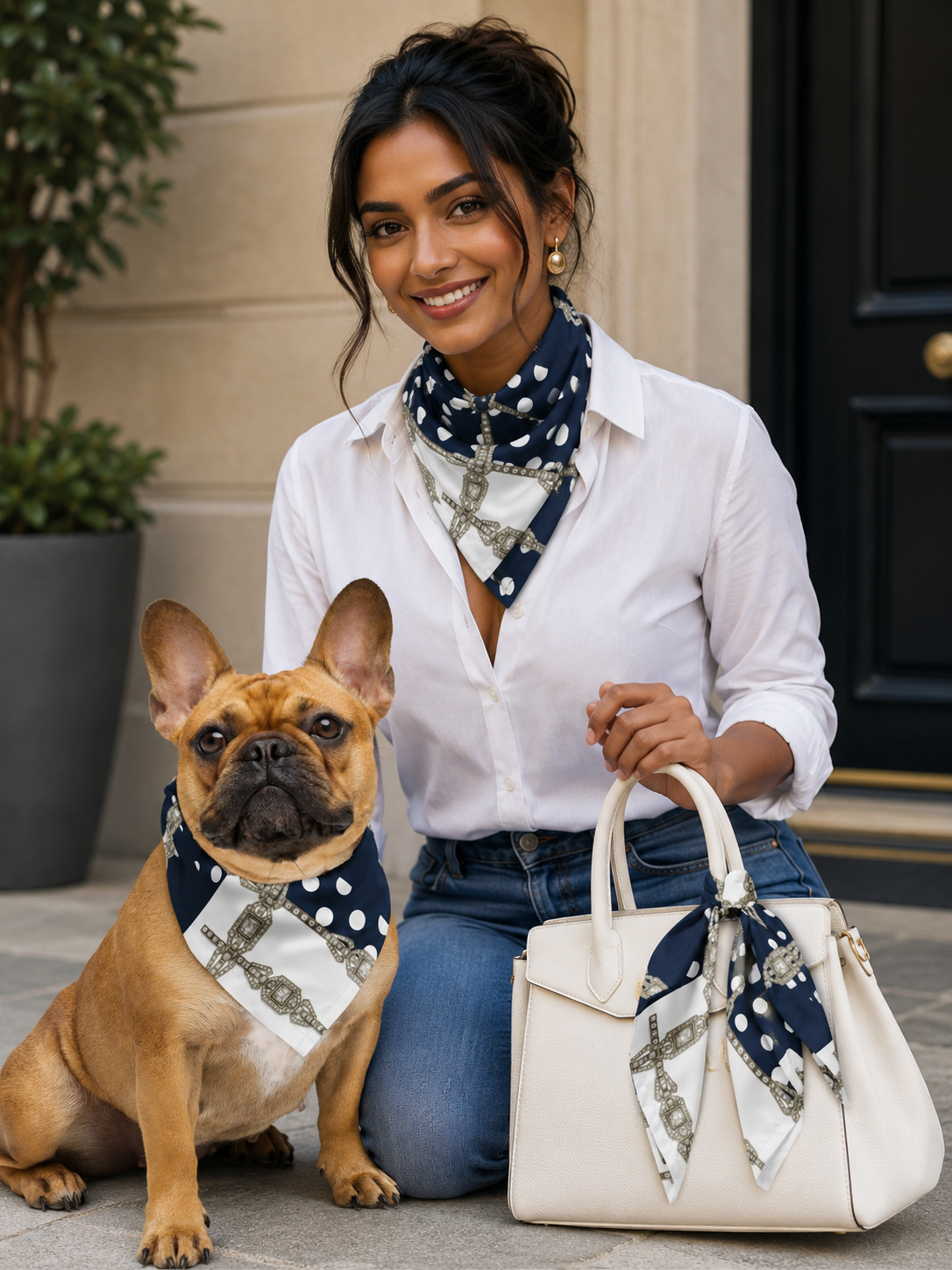 A South Asian model and her dog wear matching ARTEMI ARTELIA white polka-dot on navy blue bandana scarves, with a matching twilly scarf on her bag.