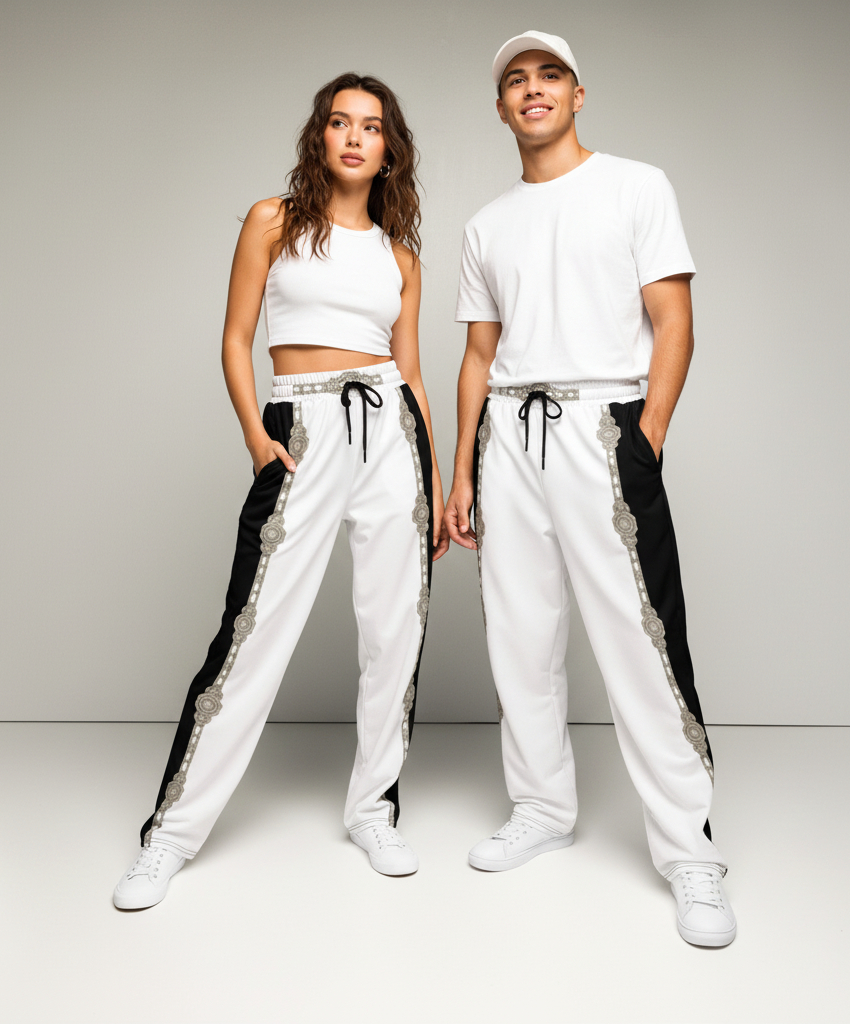 A female and male model both wearing ARTEMI ARTELIA unisex wide-leg jersey pants in white, styled with matching white tops.