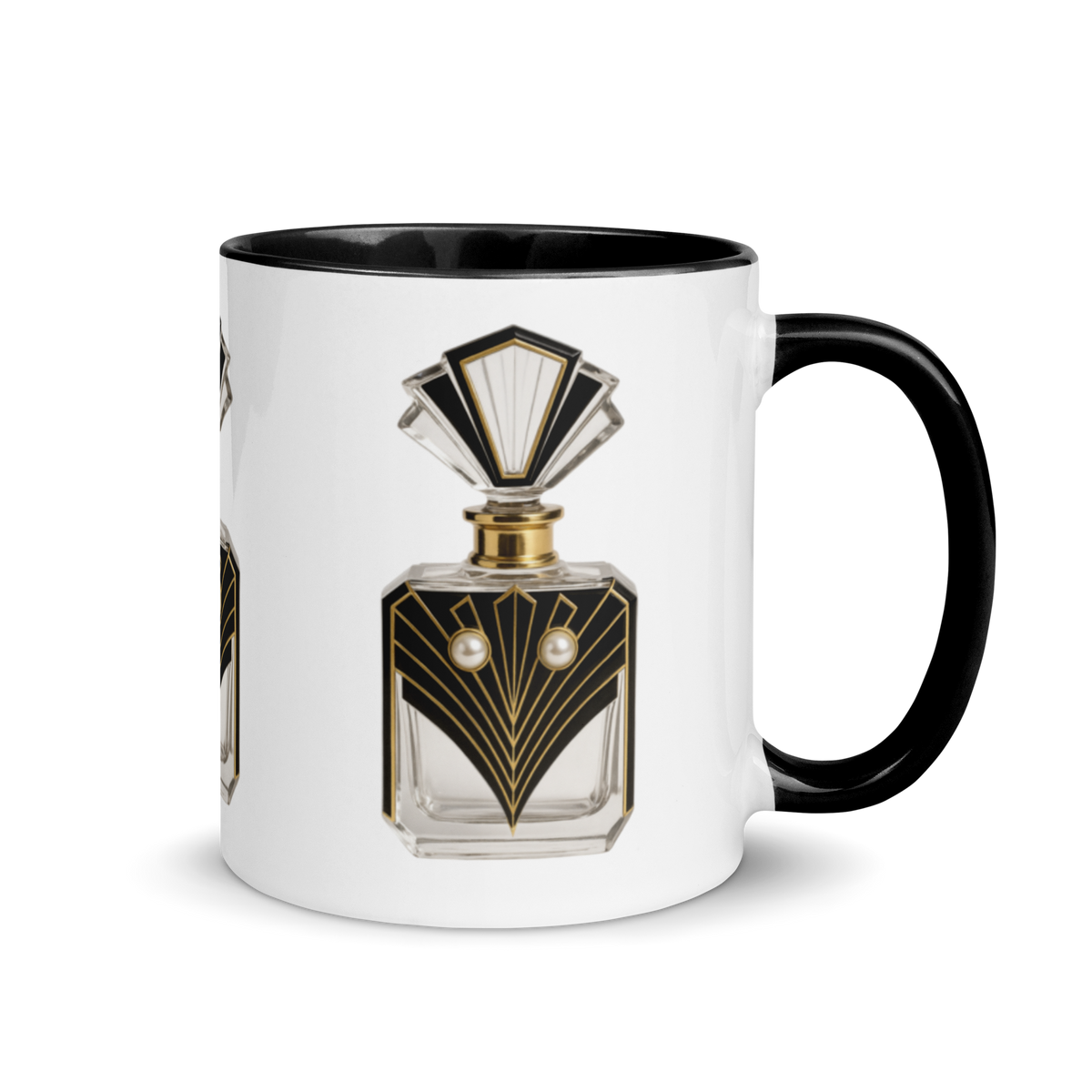 White ceramic mug with black rim and handle, featuring a printed Art Deco perfume bottle illustration.
