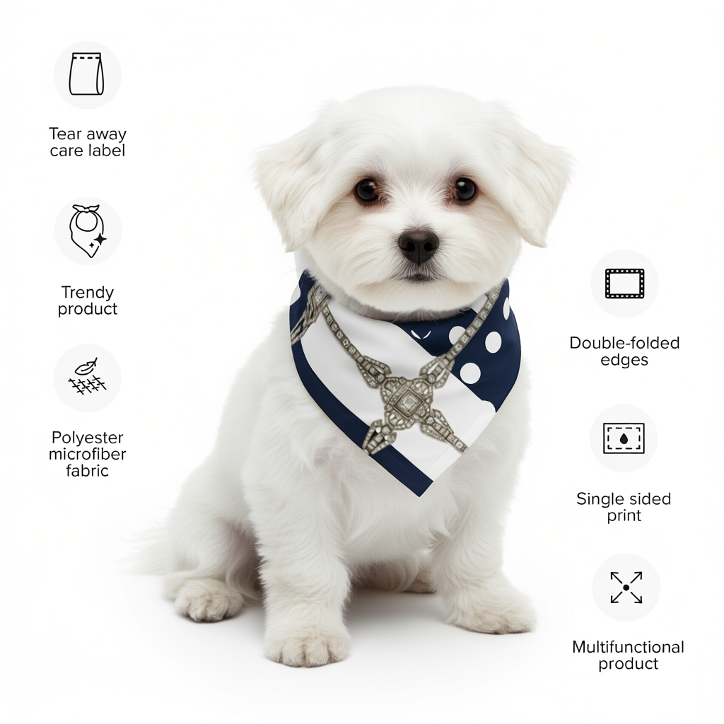 White dog wearing a navy blue bandana with decorative jewel elements on a white background