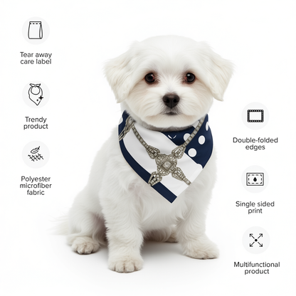 White dog wearing a navy blue bandana with decorative jewel elements on a white background