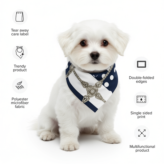 White dog wearing a navy blue bandana with decorative jewel elements on a white background