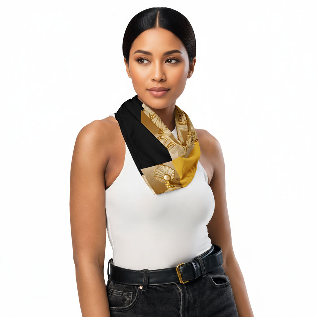 Model wearing a black and gold scarf with a repeated antique Art Deco bottle pattern and yellow border, paired with a white tank top against a white background.