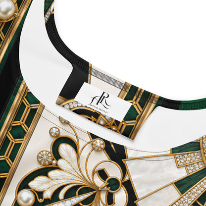 Close-up of a luxury print dress featuring a bold Art Deco pattern in emerald green, gold, and white, with a visible 'ARTEMI ARTELIA' brand tag.