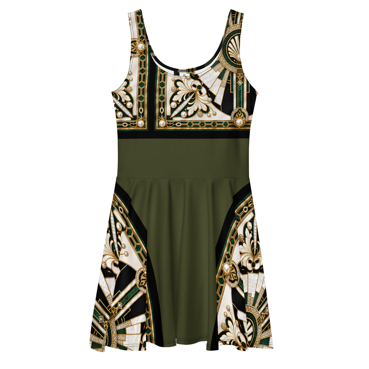A sleeveless scoop-neck dress with a solid olive green waist and flared short skirt, featuring a black, cream, and gold baroque-style pattern on the bodice and skirt panels.