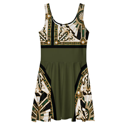 A sleeveless scoop-neck dress with a solid olive green waist and flared short skirt, featuring a black, cream, and gold baroque-style pattern on the bodice and skirt panels.