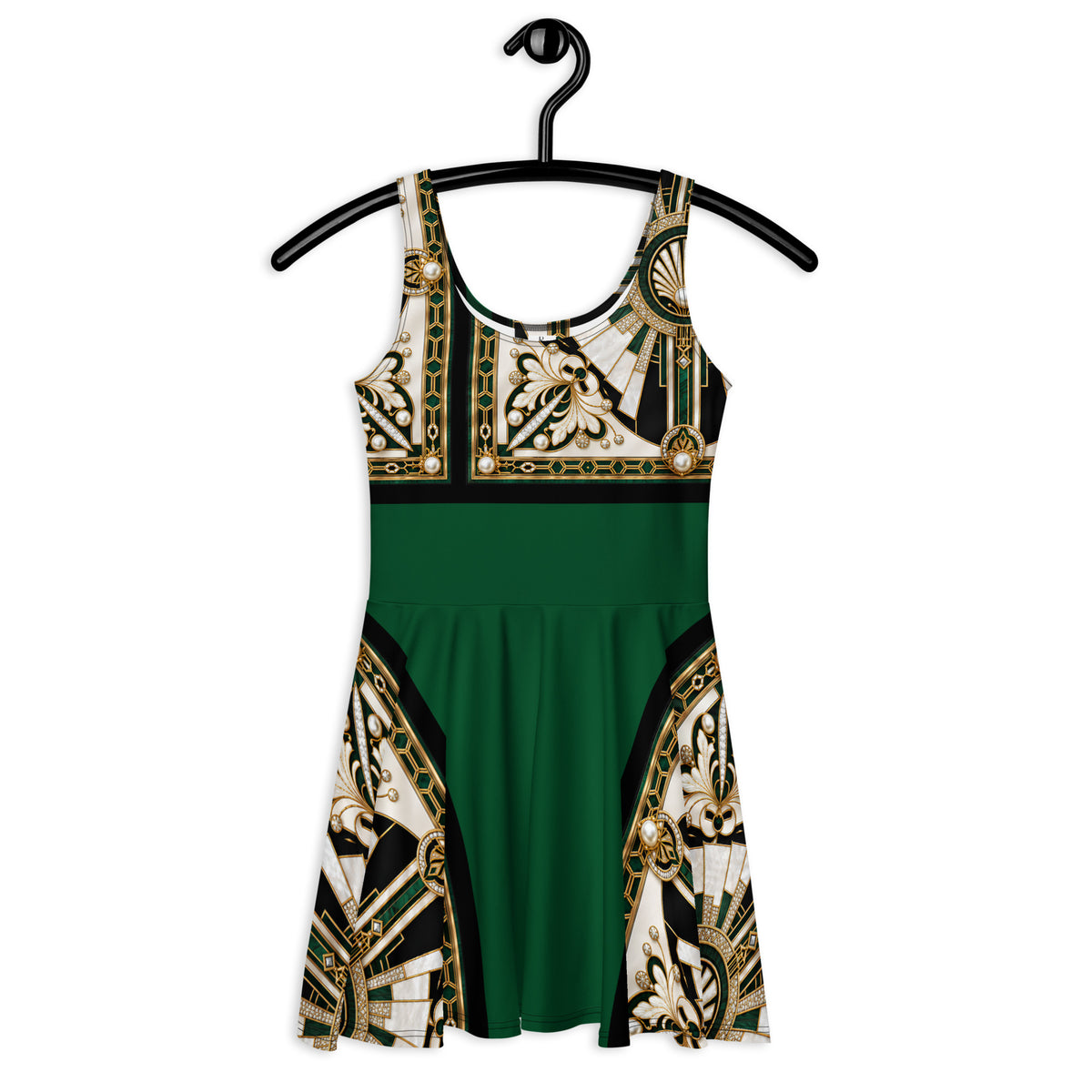 Front view of sleeveless fit-and-flare dress with a solid dark green waist and skirt, connected to a white, black, and gold Art Deco inspired ornate printed bodice, hanging on a black hanger against a white background.