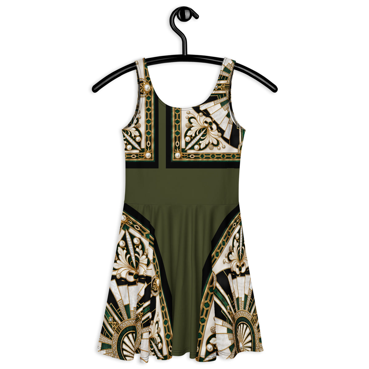A back-view of sleeveless fit-and-flare short dress on a black hanger, featuring an olive green center with ornate cream, black, and gold baroque-style patterns on the shoulders and skirt panels.