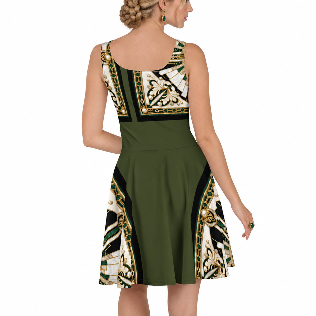 A woman modeling a sleeveless fit-and-flare summer dress from the back, featuring an olive green body with a decorative cream, black, and gold patterned yoke and side panels, on a plain white background.