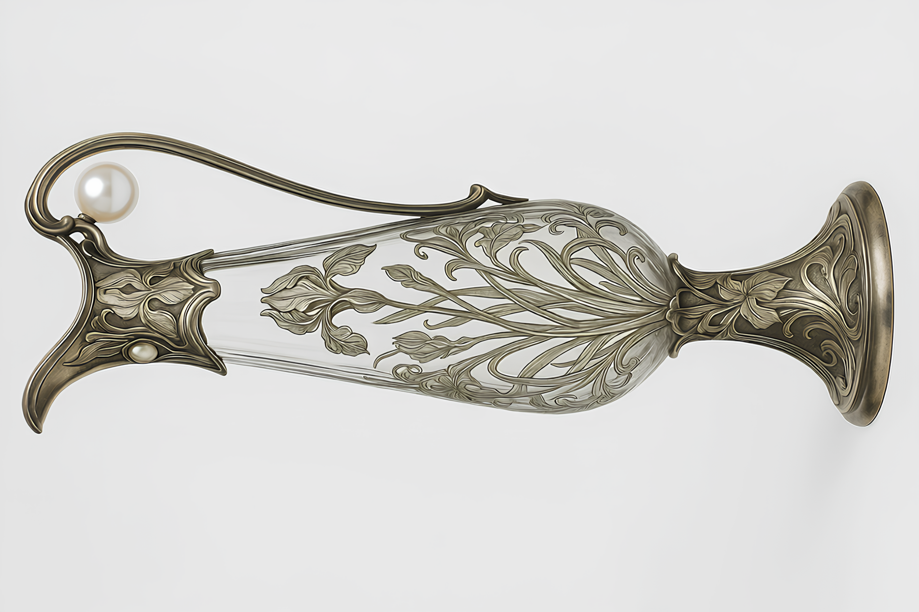 An elegant Art Nouveau-style glass and silver metal claret water-pitcher featuring intricate iris flower engravings, an organic curved handle, and pearl accents.