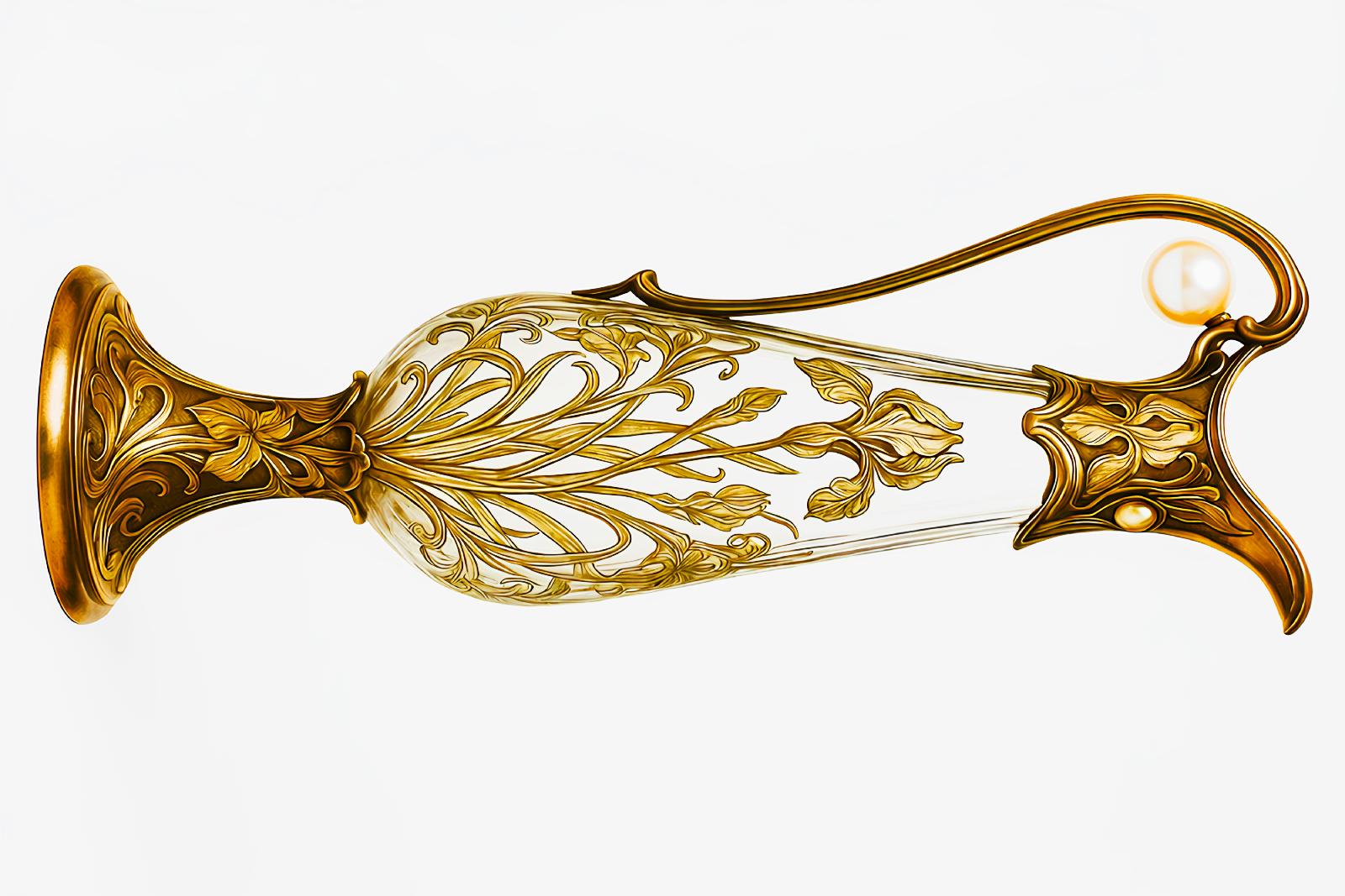 An elegant Art Nouveau-style glass and gold-toned metal claret antique jug featuring intricate iris flower engravings, an organic curved handle, and a pearl accent.