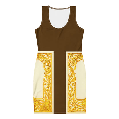 Sleeveless bodycon dress with brown upper, cream side panels, and gold ornate decorative trim.