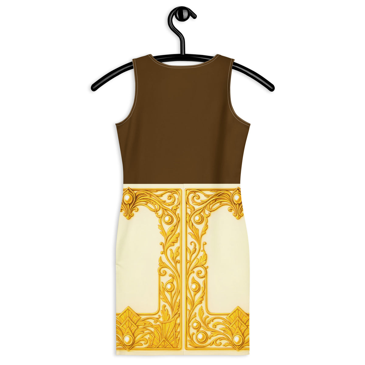 Sleeveless colorblock bodycon dress on hanger with brown upper, cream panel, and gold ornament.