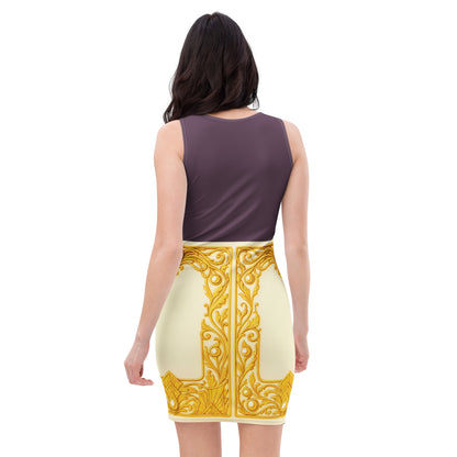 Back view of sleeveless bodycon dress with dark purple upper, cream sides, and gold ornament.