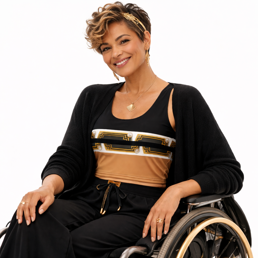 A mature woman with a short pixie hairstyle, seated in a wheelchair, wearing a black and gold top featuring Egyptian Revival Art Deco pharaoh design — an original design by ARTEMI ARTELIA on a white background.