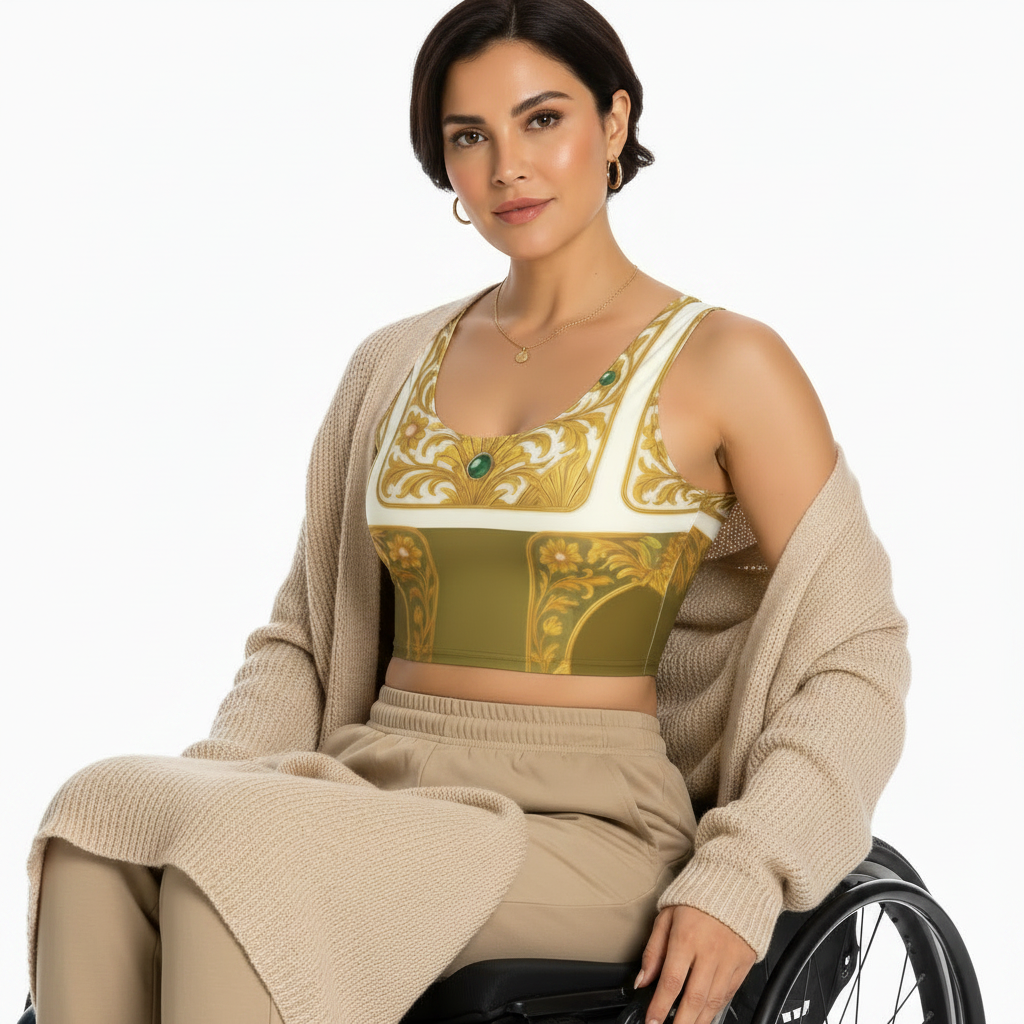 A mature lady with short hair, seated in a wheelchair, wearing floral top featuring Emerald Garden — an original design by ARTEMI ARTELIA — on a white background.