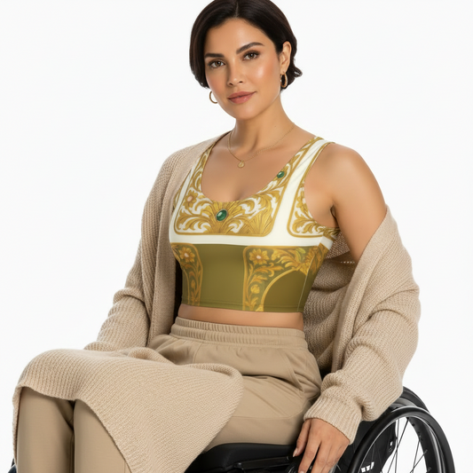 A mature lady with short hair, seated in a wheelchair, wearing floral top featuring Emerald Garden — an original design by ARTEMI ARTELIA — on a white background.