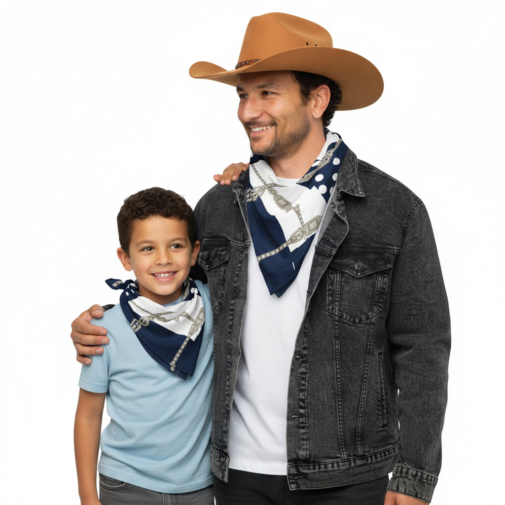 Man wearing a denim jacket and white shirt with a blue patterned scarf, on a white background. Next to him is a son smiling, wearing the same bandana.