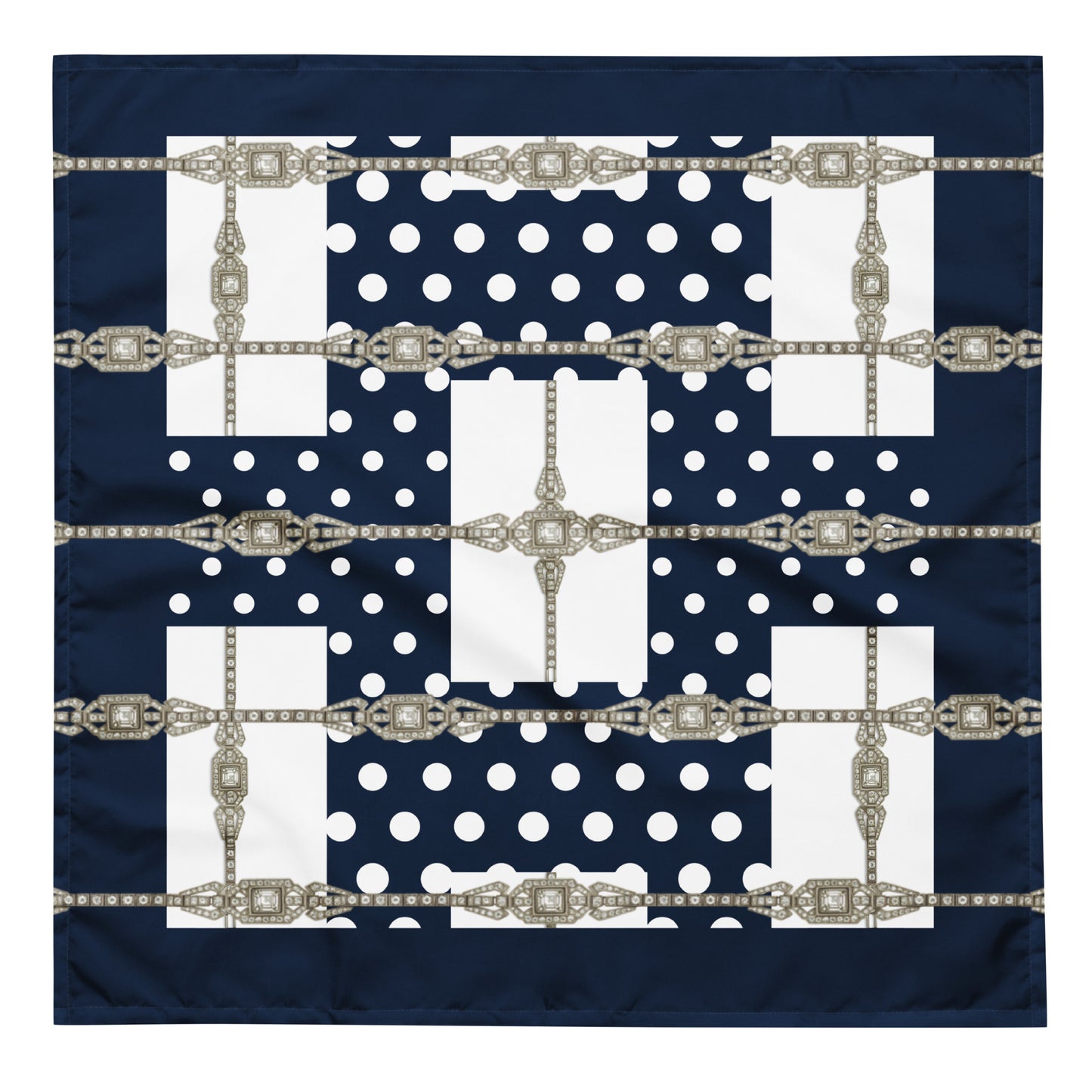 Navy blue recycled fabric , L size square bandana with white polka dots and silver Art Deco jewel motif in lattice pattern print.