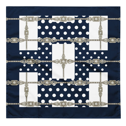 Navy blue recycled fabric , L size square bandana with white polka dots and silver Art Deco jewel motif in lattice pattern print.