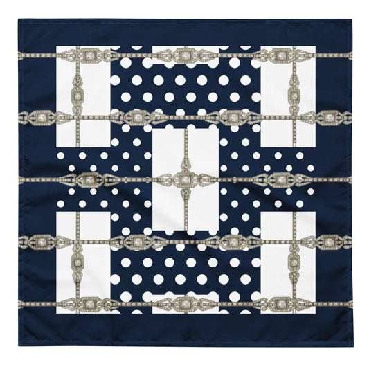 Navy blue recycled fabric , L size square bandana with white polka dots and silver Art Deco jewel motif in lattice pattern print.