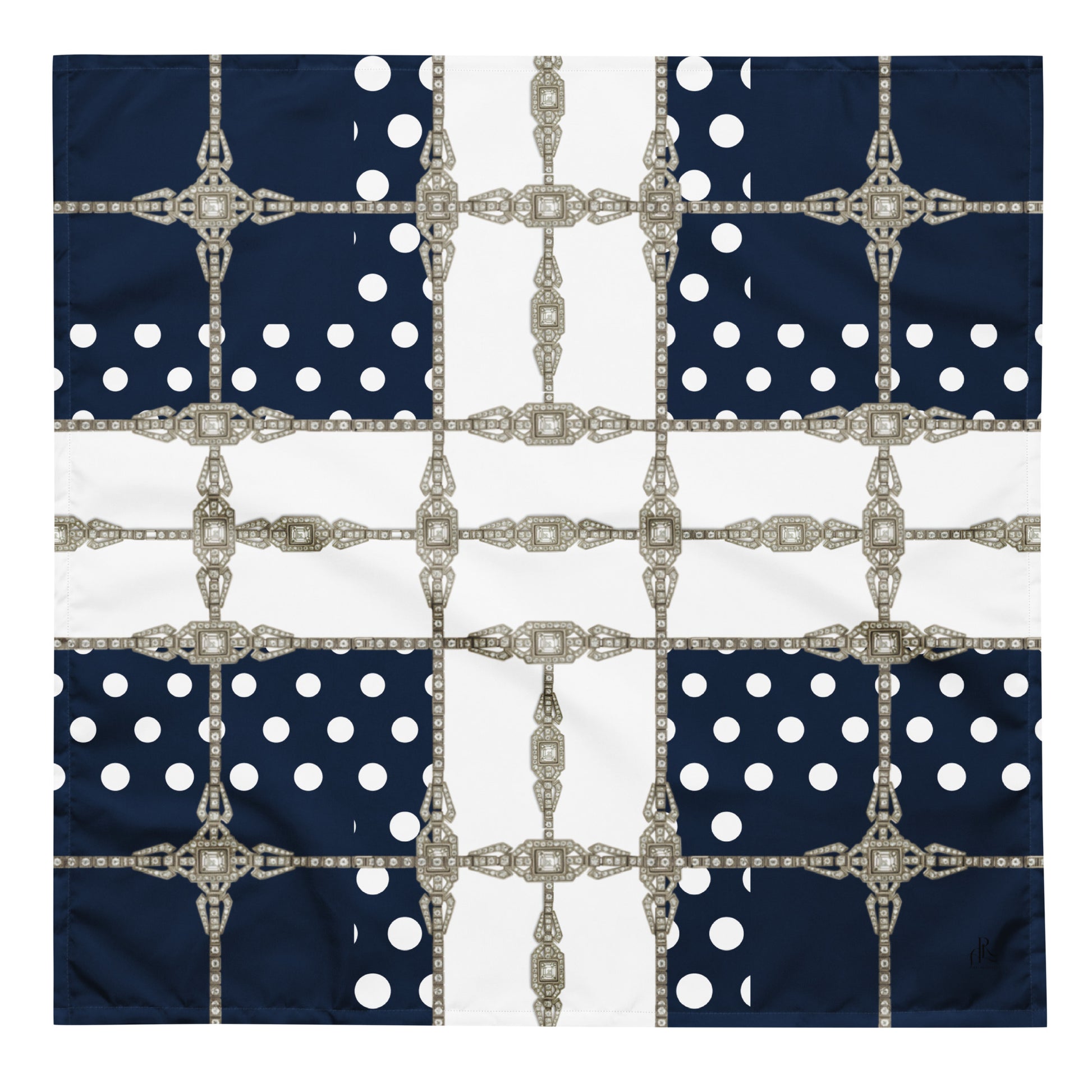 Square bandana featuring an Art Deco design with silver jewel grids, navy blue squares, small white polka dots against a white background.