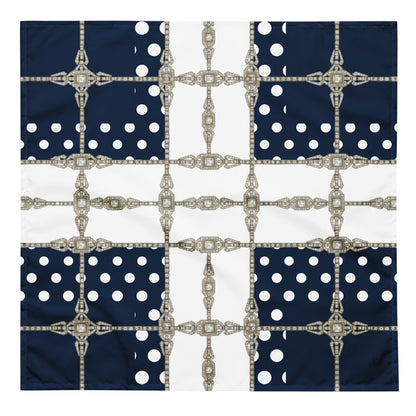 Square bandana featuring an Art Deco design with silver jewel grids, navy blue squares, small white polka dots against a white background.