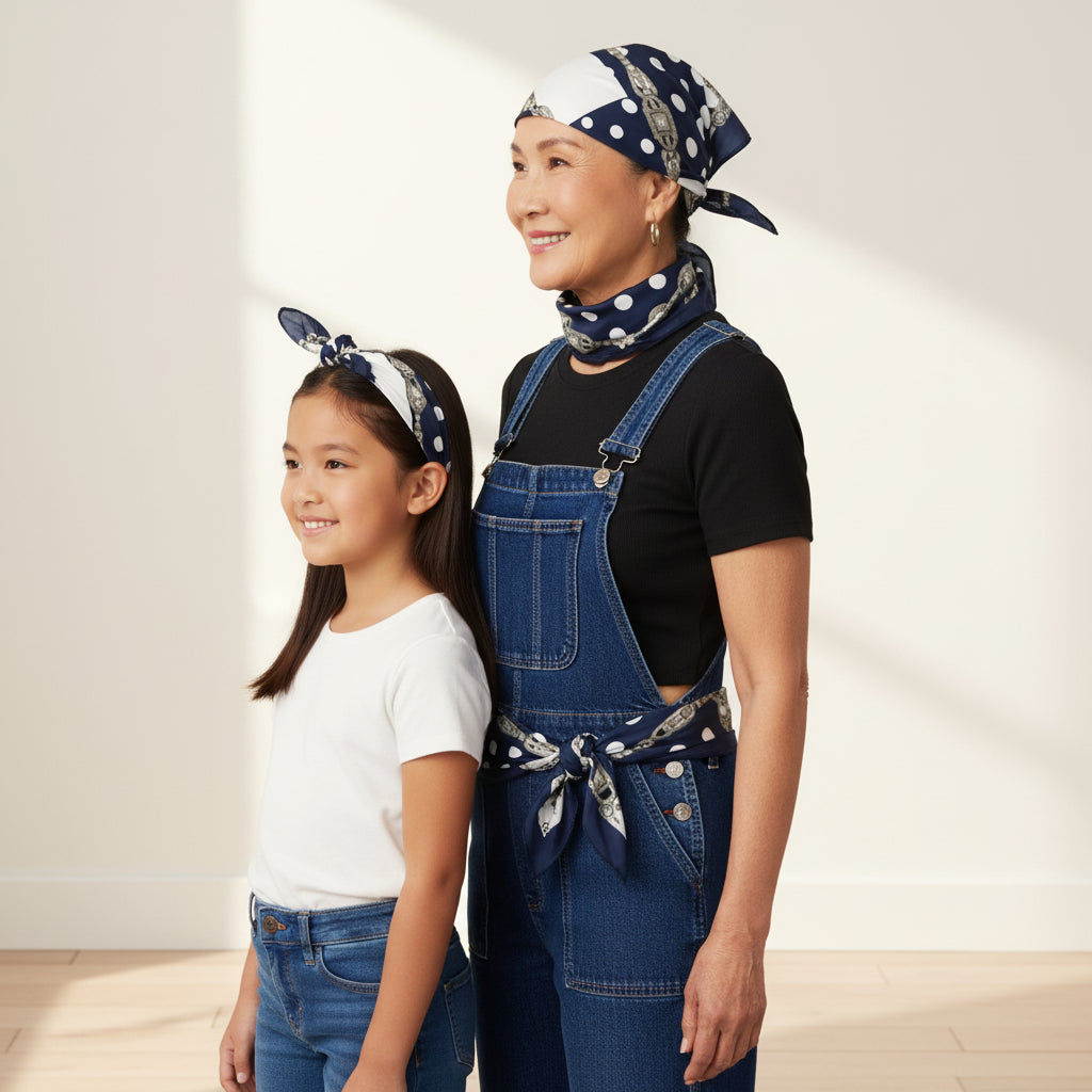 Grandmother and grand daughter standing together in matching style. Wearing blue jeans with a navy and white polka dot headscarf and neck tie and waist belt.