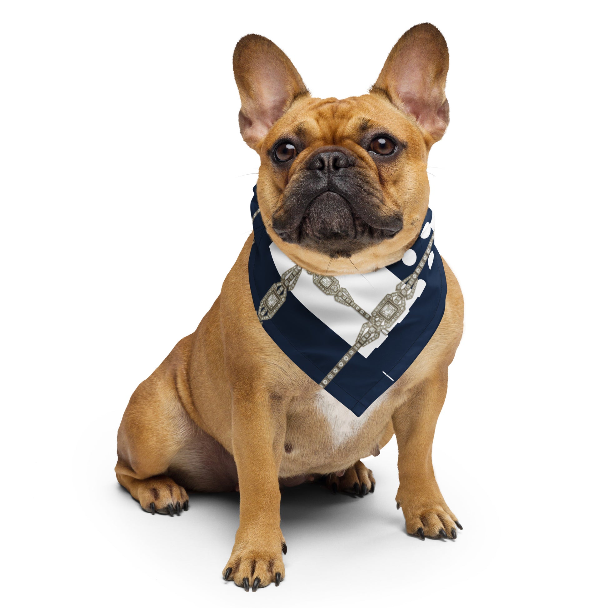 Dog wearing a navy blue and white bandana with decorative Art Deco jewel design on a recycled eco-material.