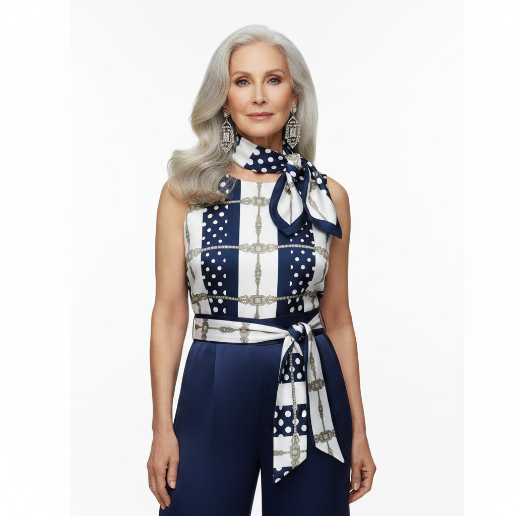 A senior woman with gray hair confidently wearing a navy & white sleeveless top. Art Deco motif printed scarf wrapped around her neck and waist as a belt. 