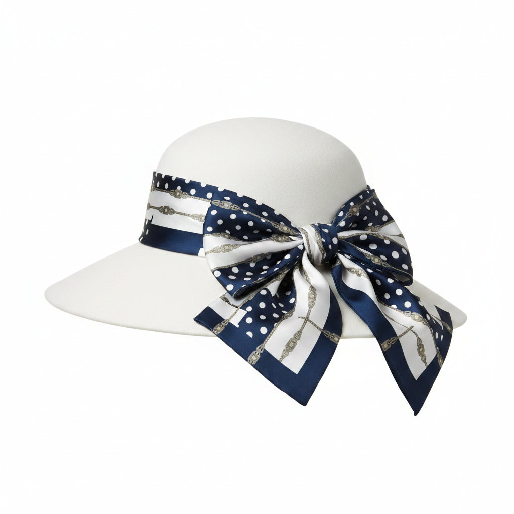 Back view of a white structured sun hat with a blue and white polka-dot scarf featuring an Art Deco jewel design, wrapped around the brim and tied in a bow.
