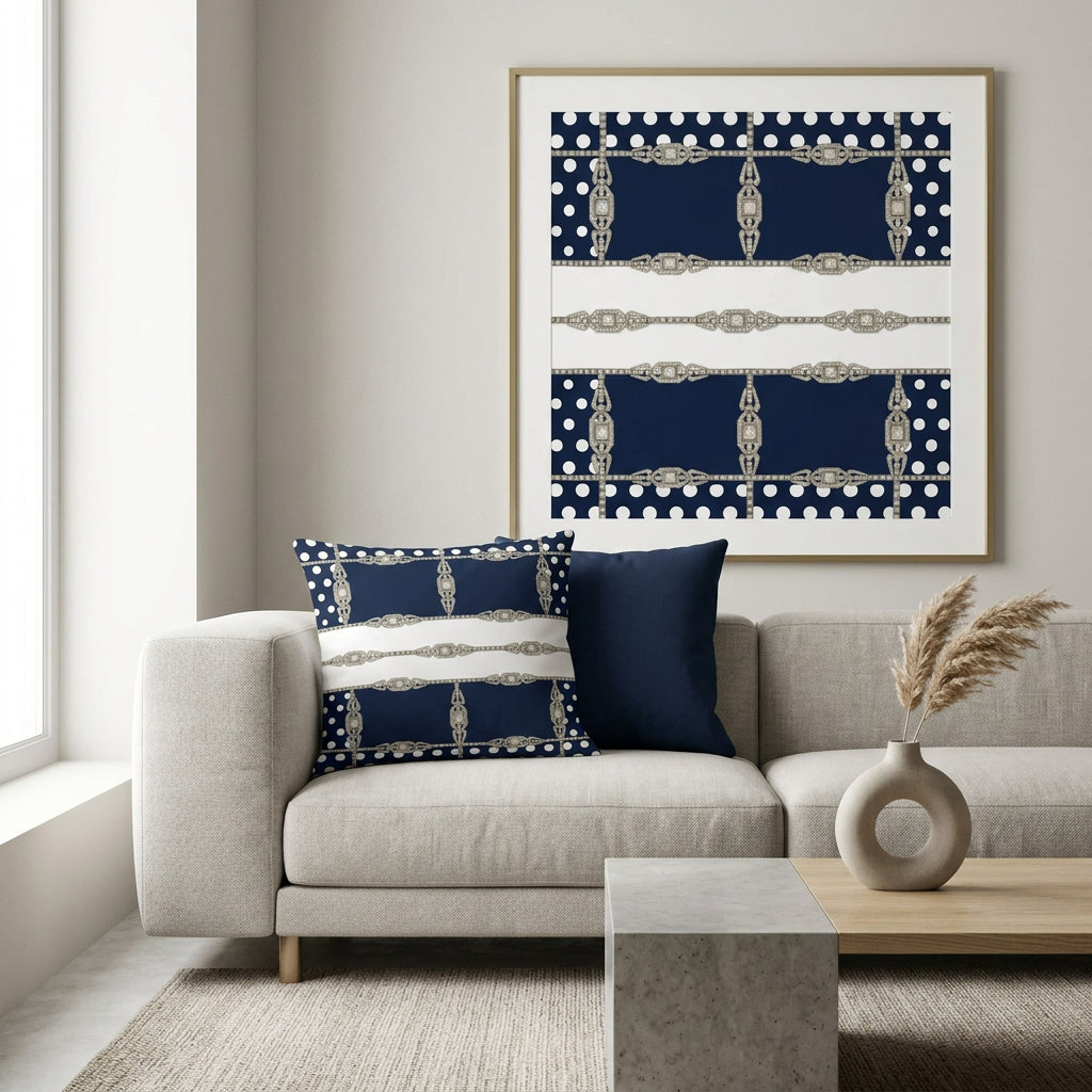 Decorative pillow on a contemporary white sofa  with polka dot and patterned design on a white background